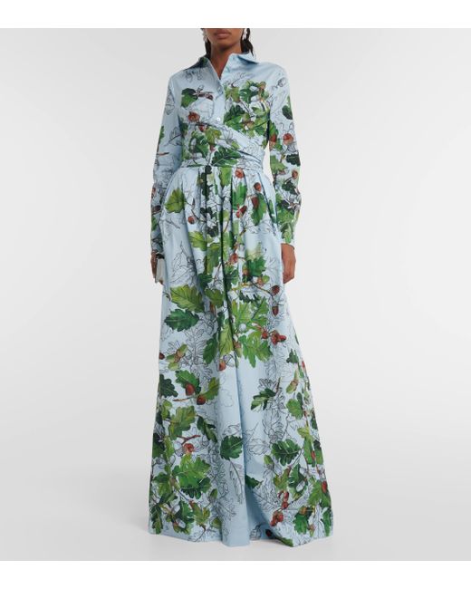 Oscar de la Renta Green Printed Cotton-blend Shirt Maxi Dress