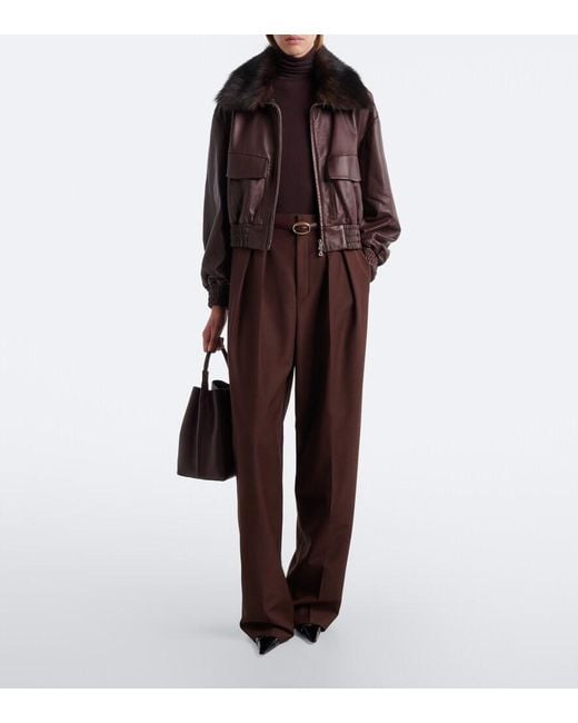 Nour Hammour Brown Shearling-Trimmed Leather Blouson Jacket