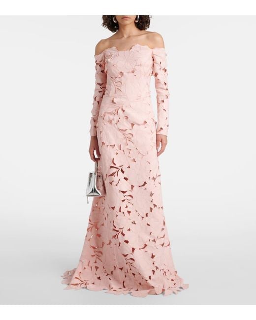 Costarellos Pink Kasia Floral Off-Shoulder Lace Gown