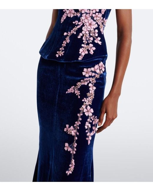 Costarellos Blue Rielle Embellished Floral-Applique Velvet Gown