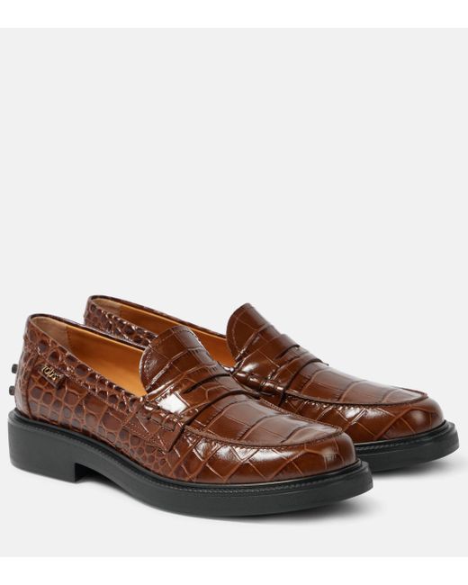 Tod's Brown Croc-Effect Leather Penny Loafers