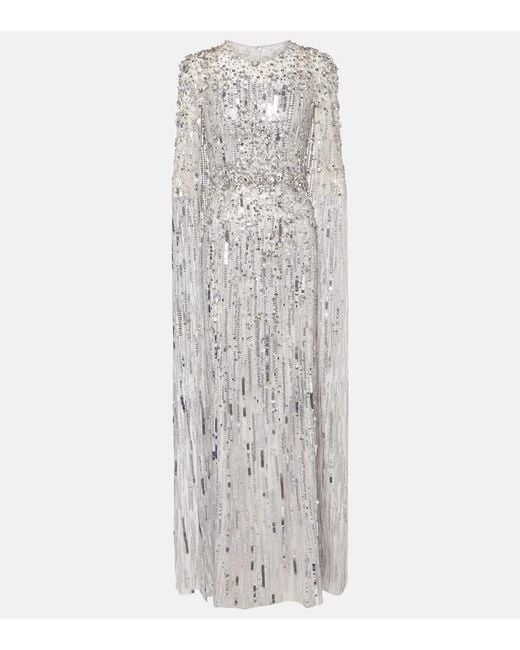 Jenny Packham White Ruby Caped Sequined Gown