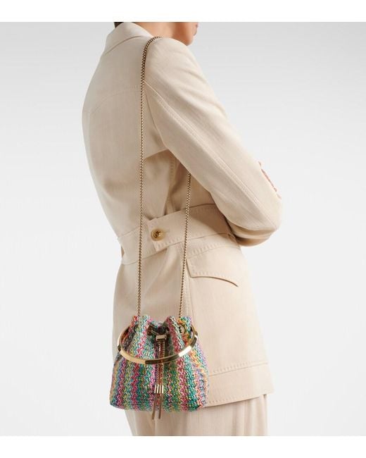 Jimmy Choo White Bon Bon Small Raffia-Effect Bucket Bag