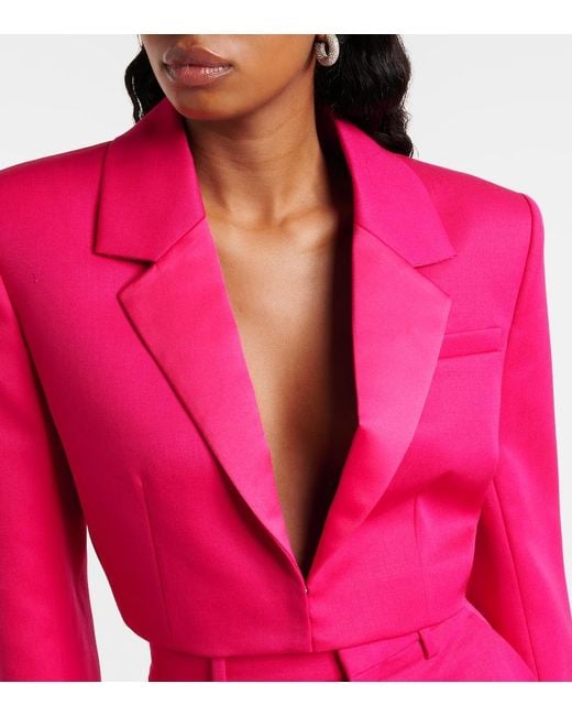 Area Pink Floral-Applique Cropped Wool Blazer