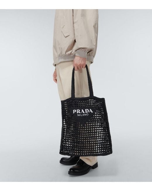 Prada Black Logo Crochet Tote Bag for men