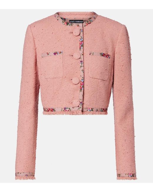 Dolce & Gabbana Pink Floral Cropped Cotton-Blend Tweed Jacket