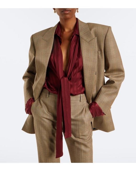 Saint Laurent Red Striped Tie-Neck Silk Jacquard Blouse