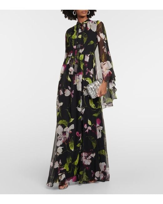 Erdem Black Floral Silk Voile Gown