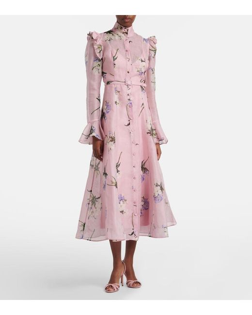 LEO LIN Pink Katrina Floral Linen And Silk Midi Dress