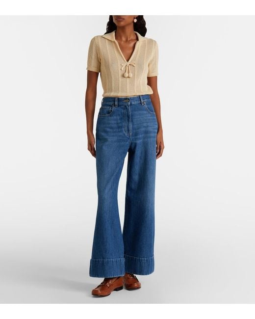 Valentino Blue Leather-Trimmed Wide-Leg Jeans