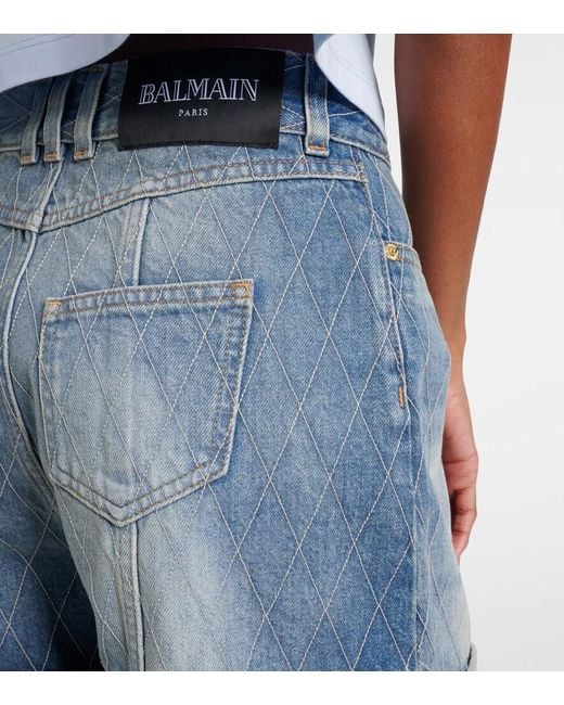 Balmain Blue Patterned Denim Shorts
