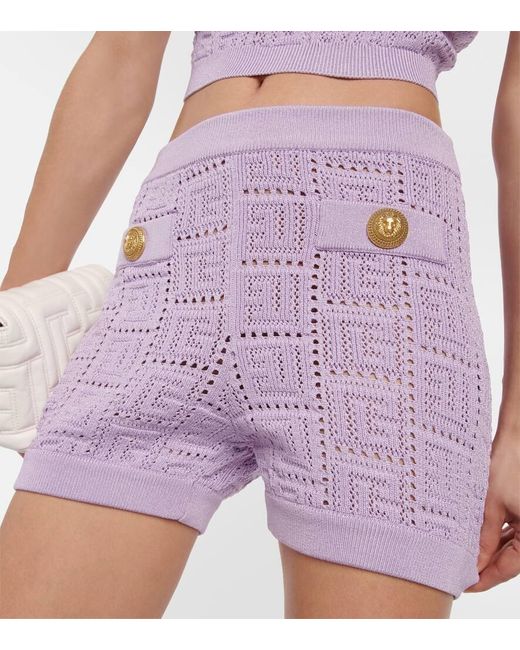 Balmain Purple Ladies Openwork Knit Monogrammed Shorts, Brand Size 34 (Us