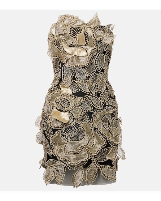Oscar de la Renta Black Floral-Applique Tulle Minidress