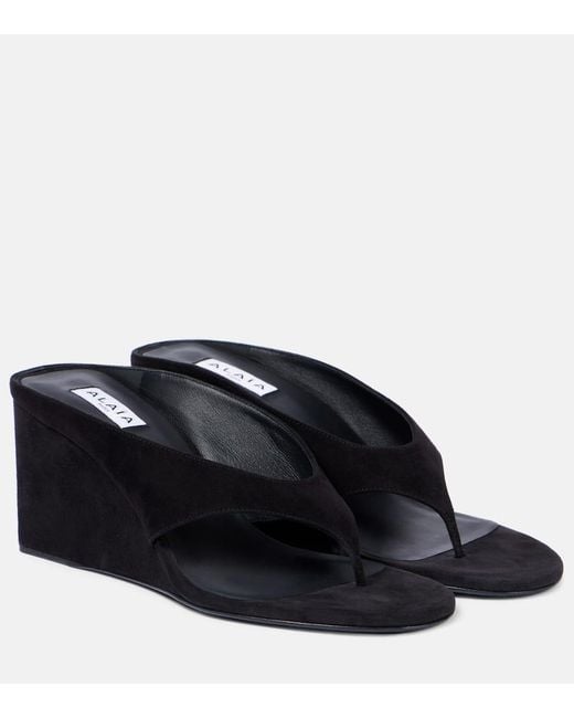 Alaïa Black Cube 75 Suede Wedge Thong Sandals