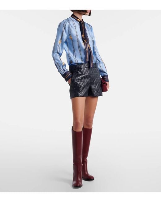 Gucci Blue Printed Tie-Neck Silk Twill Shirt