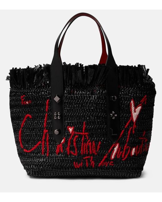 Christian Louboutin Black Frangibus Medium Embroidered Raffia Tote Bag