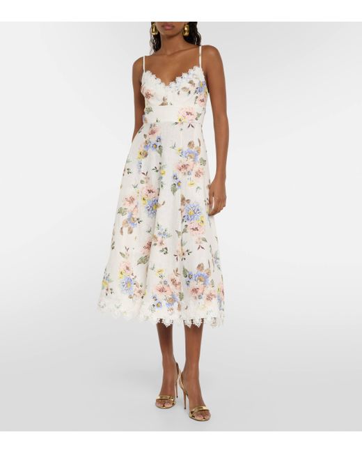 Zimmermann White Floral Lace-trimmed Linen Midi Dress