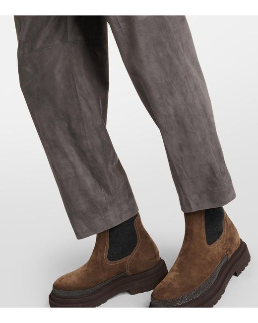 Brunello Cucinelli Gray Suede Straight Pants