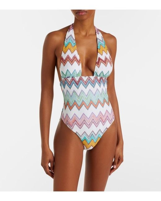 Missoni White Zigzag Lame Swimsuit