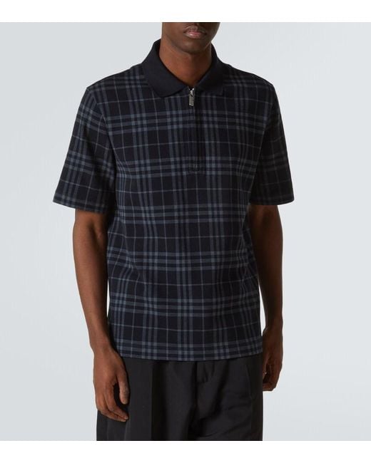 Burberry Blue Check Zip-Up Polo Shirt for men