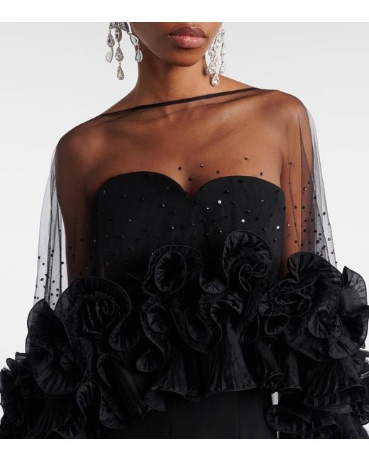 Jenny Packham Black Ruffled Caped Gown