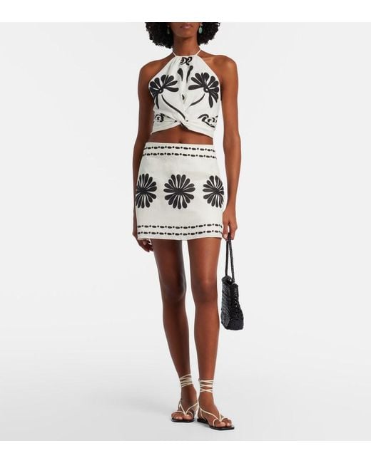 Cala De La Cruz White Lodi Floral Halterneck Linen Top