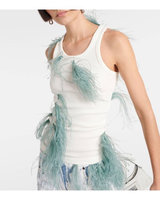 Acne Blue Feather-trimmed Cotton-blend Tank Top