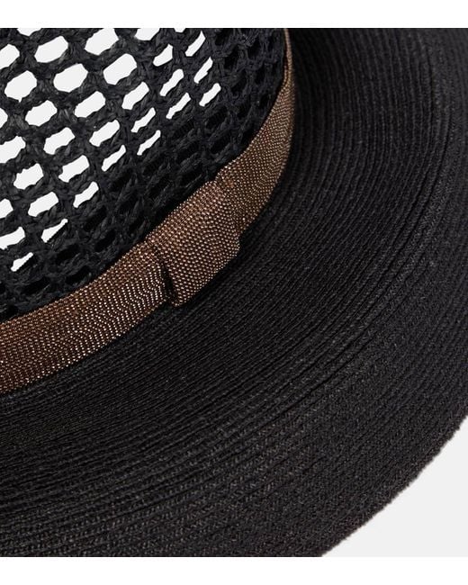 Brunello Cucinelli Black Embellished Straw Fedora Hat
