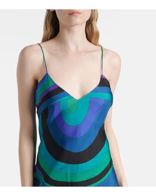 Emilio Pucci Blue Layered Printed Silk-Twill Maxi Dress