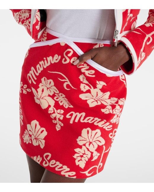 MARINE SERRE Red Leather-trimmed Jacquard Miniskirt