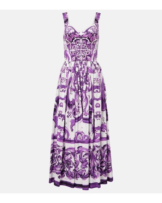 Long Poplin Dress With Majolica Print Dolce & Gabbana en coloris Purple