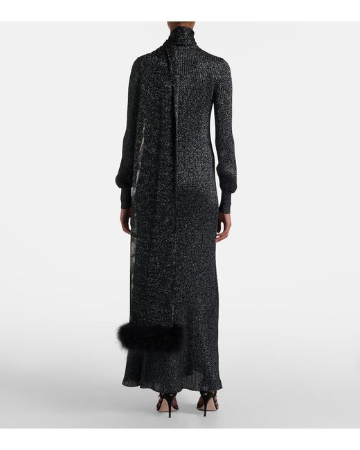 Valentino Black Feather-Trimmed Lame Maxi Dress