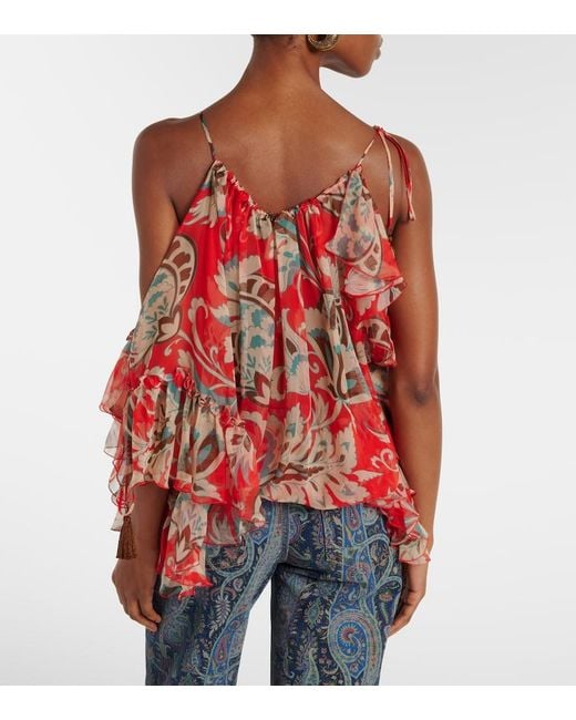 Etro Red Printed Ruffled Silk Top
