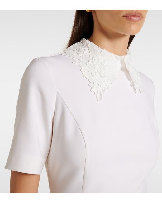 Oscar de la Renta White Lace-Trimmed Wool-Blend Midi Dress