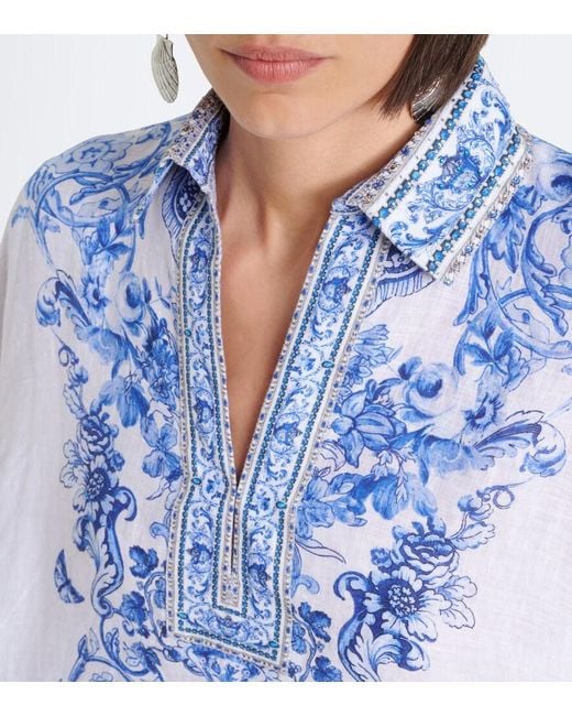 Camilla Blue Floral Crystal-Embellished Linen Kaftan