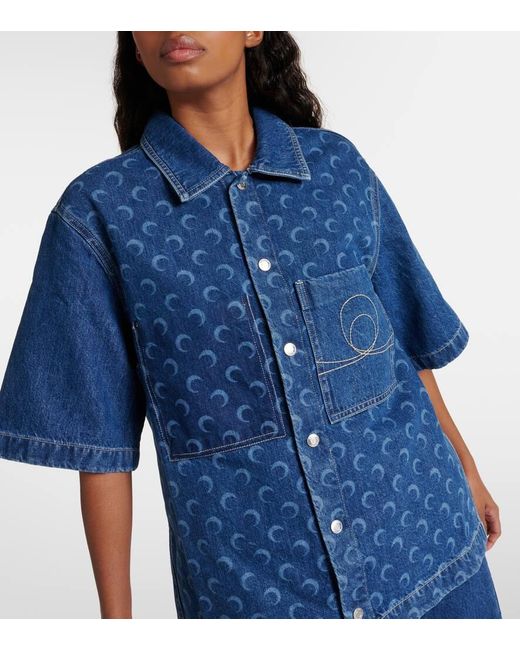 MARINE SERRE Blue Deadstock Printed Denim Bowling Shirt