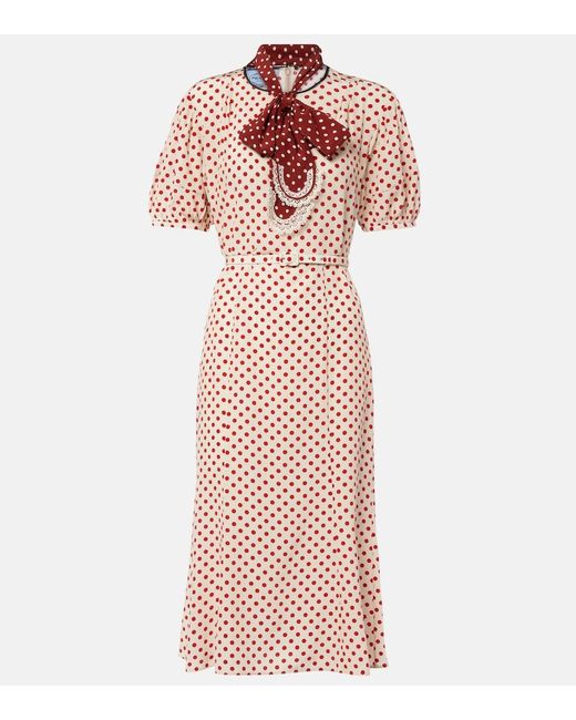 Prada Pink Scarf-Detail Polka-Dot Silk Midi Dress