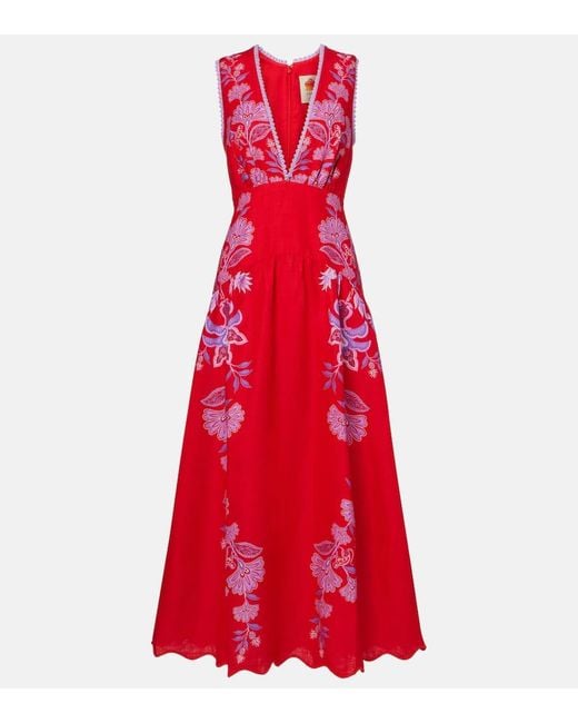 Vestido Midi Porcelain Garden De Lino Floral Farm Rio de color Red