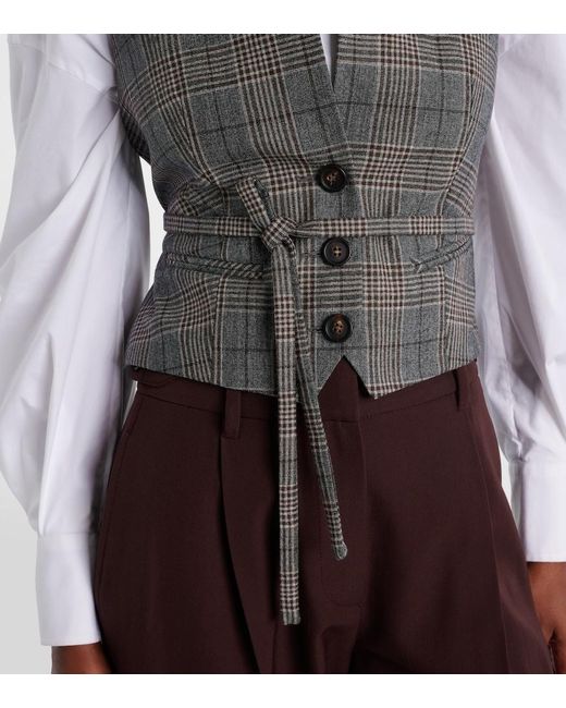 Brunello Cucinelli Gray Belted Checked Virgin Wool Vest