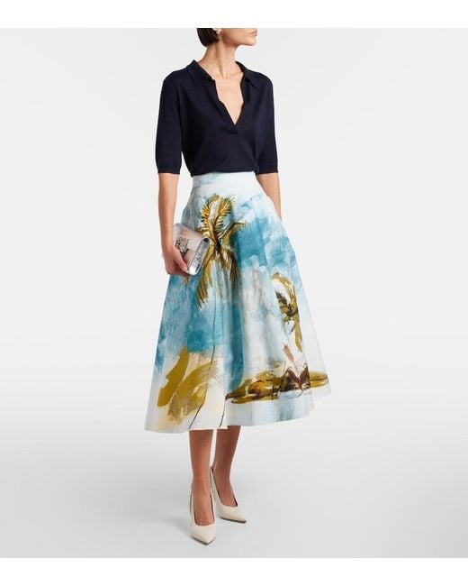 Oscar de la Renta Blue Printed Cotton-Blend Poplin Midi Skirt