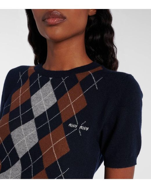 Miu Miu Blue Argyle Knitted Cashmere Top