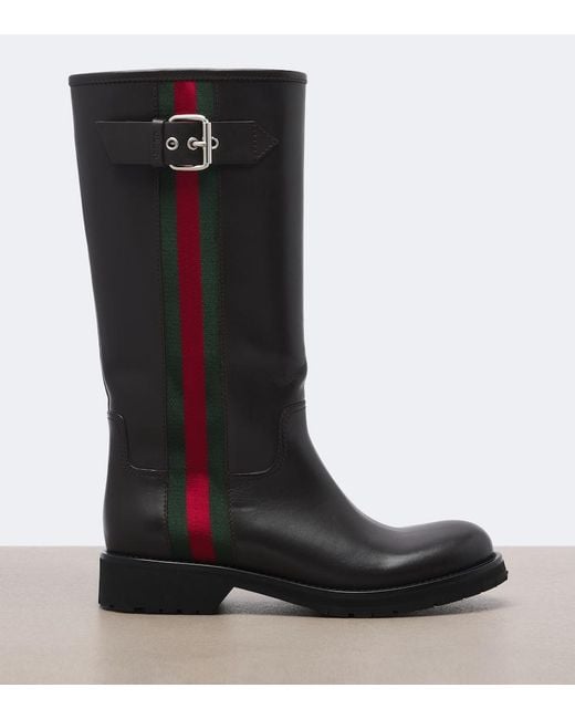 Gucci Black Web Stripe Leather Biker Boots