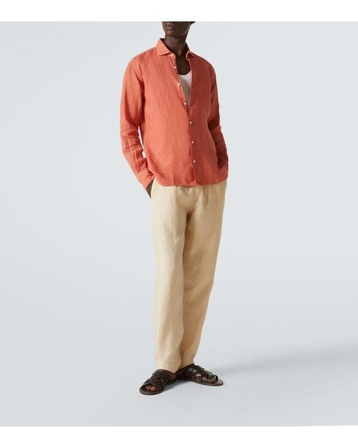 Fedeli Orange Linen Oxford Shirt for men