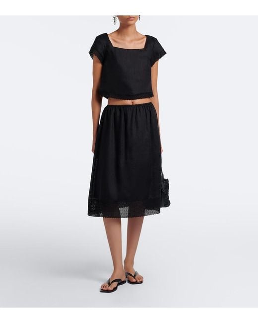 Posse Black Alfie Cropped Embroidered Linen Top