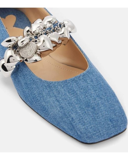 【Mach & Mach】 Puffy心臓デニム Mary Janeフラット Mach & Mach Puffy Heart Denim Mary Jane Flats in Blue | Lyst