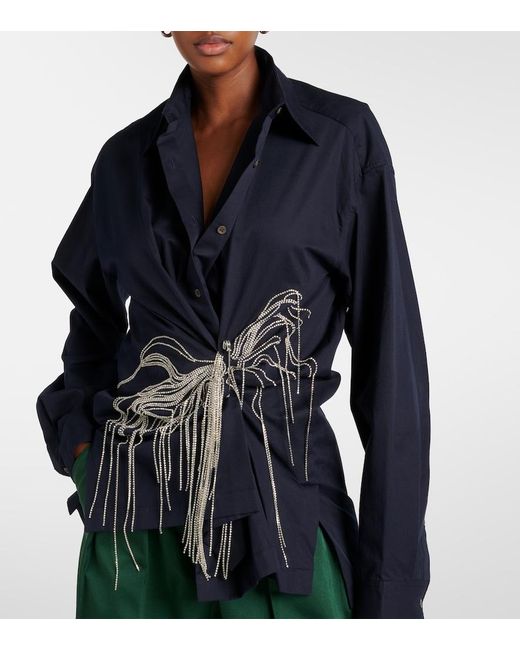 Dries Van Noten Blue Embellished Draped Cotton Gabardine Shirt