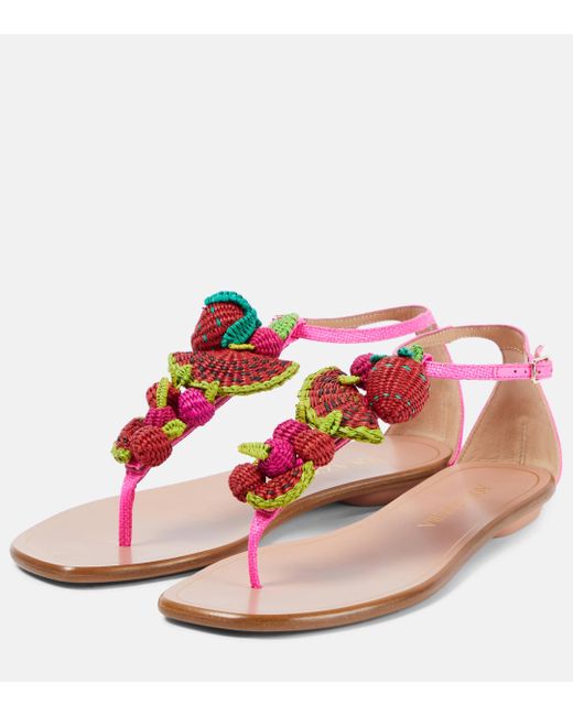 Aquazzura Pink Strawberry Punch Raffia Thong Sandals