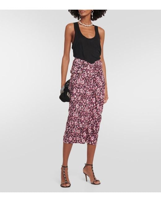 Isabel Marant Red Printed Ruched Jersey Midi Skirt