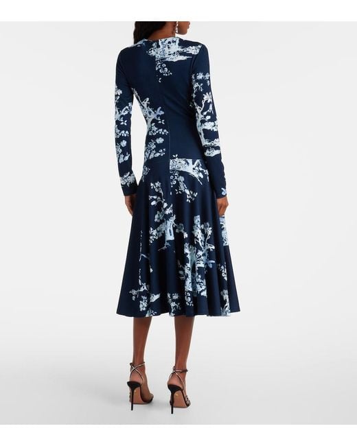 Erdem Blue Gathered Floral Print Jersey Midi Dress