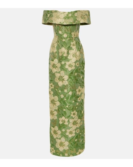 Markarian Green Clover Off-shoulder Brocade Gown